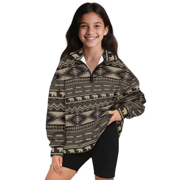 Uorisanigo Girls Half Zip Pullover Sweatshirt Oversized Southwestern Aztec Tribal Long Sleeve Pullover Top Outerwear No Hood Fashion Drop Shoulder Jackets Hoodies Fall Clothes