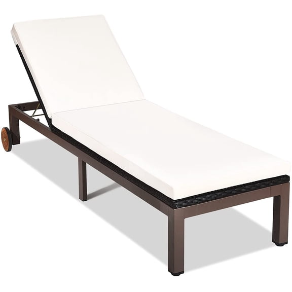 DORTALA Outdoor Pool Chaise Lounge Chair, Metal Rattan Lounger Recliner Chair W/Wheels, Folding Wicker Chaise Chair W/Cushioned Seating, White