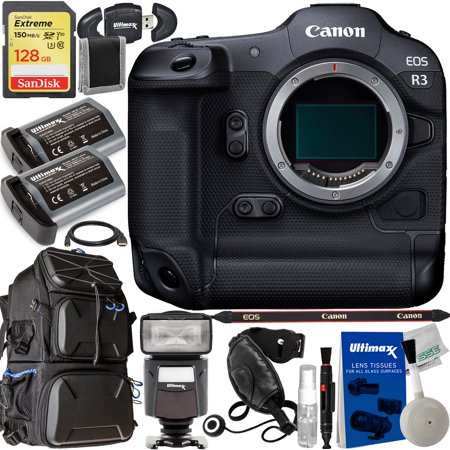Canon EOS R3 Mirrorless Camera (Body Only) with Advanced Accessory Bundle: SanDisk 128GB Extreme SDXC  2x Extended Life Batteries  Deluxe Water-Resistant Camera Backpack & Much More