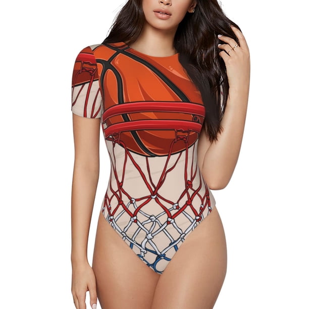 Fotbe Basketball Shot Body de Mujer con Cuello Redondo y Mangas Cortas, Sin Mangas Ajustado, Suave, Cómodo y Básico-Small