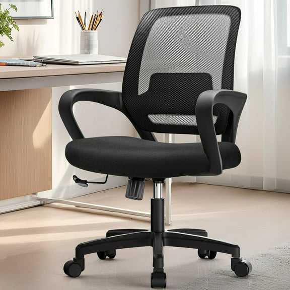 NEO Chair Office Desk Ergonomic Mesh Computer Chair with Lumbar Support Adjustable Height Swivel Rolling Wheels Comfy Mid Back Task Chair for Home Bedroom Vanity Study (Black)