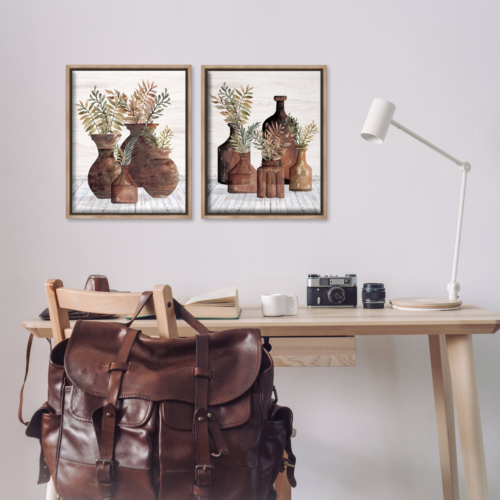 Stupell Industries Rustic Jars of Flowers Floral & Botanical Painting Brown Floater Framed Canvas Art Print Wall Art, 17 x 21, Set of 2