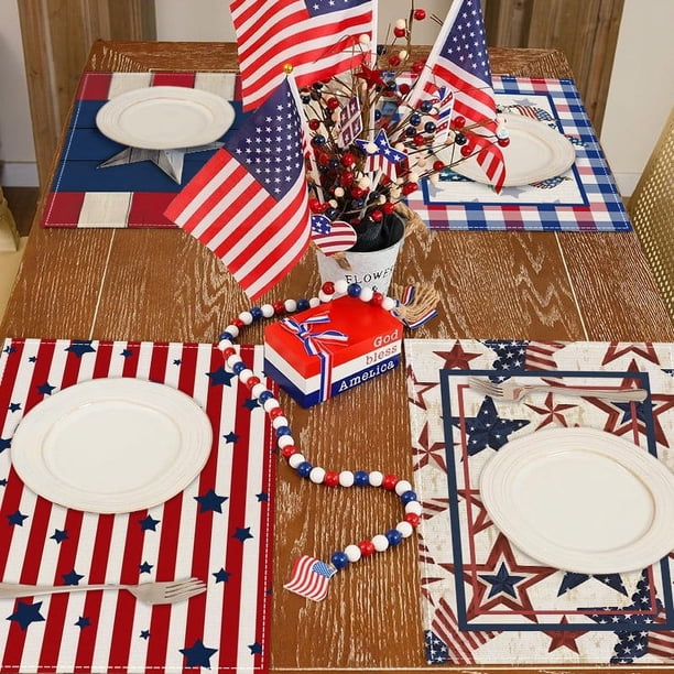 Manteles individuales de lino con estampado de rayas y estrellas para el Día de la Independencia, manteles individuales aislantes, decoración para fiestas y restaurantes, caminos de mesa Akmoler