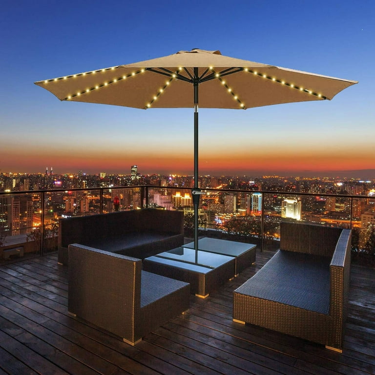 15 ft patio umbrella with base and lights 15FT Double-Sided Patio Umbrella with 48 Solar LED Lights & Crank Handle, Extra Large Outdoor Market Umbrella for Poolside, Deck, Backyard Tan