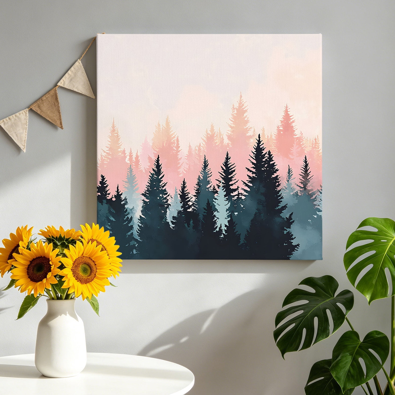 Ombre Green Pink Forest Canvas Wall Art Abstract Art Silhouette Landscape Pictures Wall Decor Wooden Framed Artwork Art Prints for Living Room Hallway Bedroom Office 10 x10