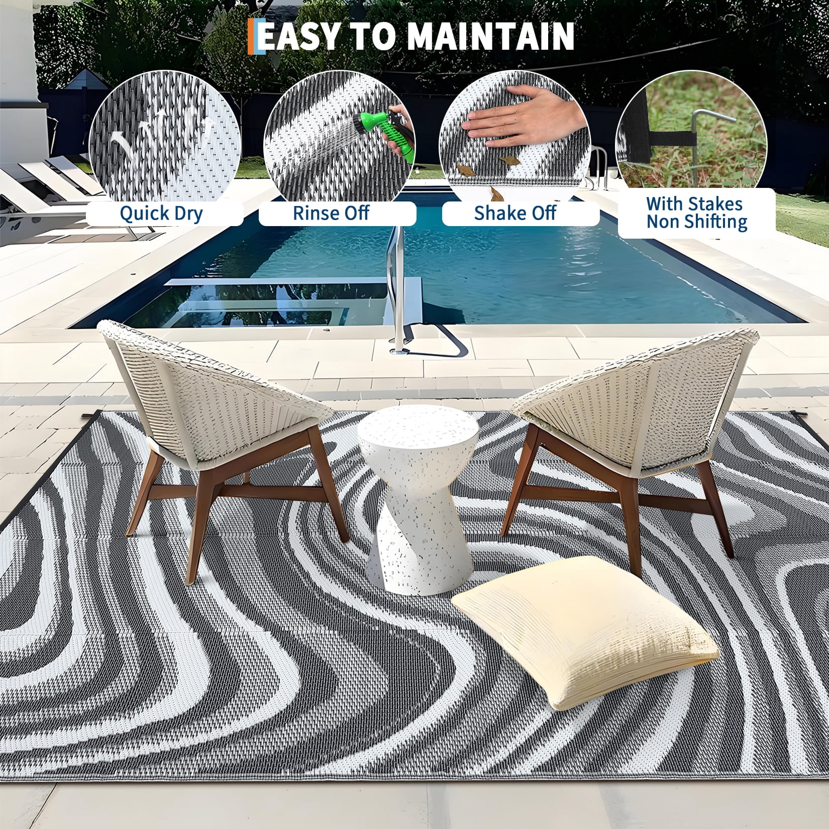Garvee Outdoor Rug 5'x8' Abstract Plastic Area Rug Waterproof Reversible Outdoor Carpet, Plastic Straw Rug for Patio RV Camping Balcony Deck Backyard, Gray