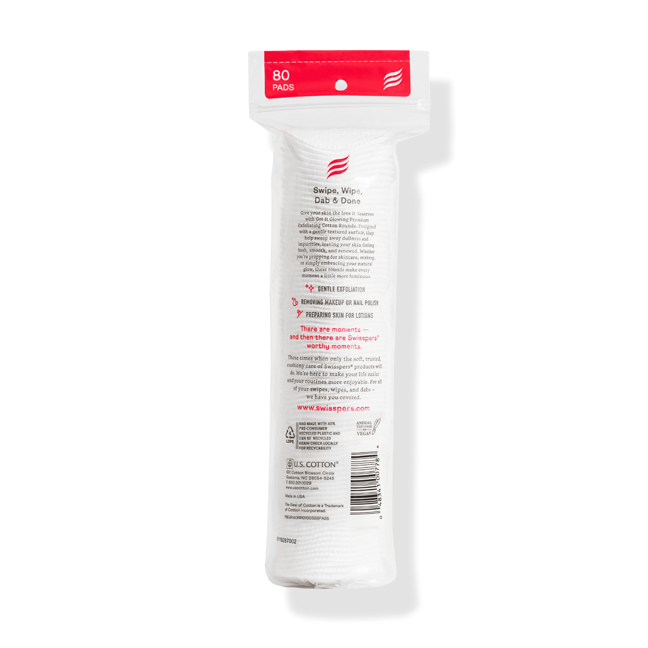 Swisspers Premium Exfoliating 100% Pure Chlorine Free Cotton Rounds, Dermatologist Tested, Soft, Absorbent, Dual-Sided, Gentle Natural Exfoliation, Sensitive Skin Safe, Vegan, Cruelty-Free, 240 Pads