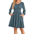 thumbnail image 3 of Women'S Dress Long Lantern Sleeves Round Neck Flowing A-Line Skirt Autumn Fashion Sea Blue L, 3 of 7
