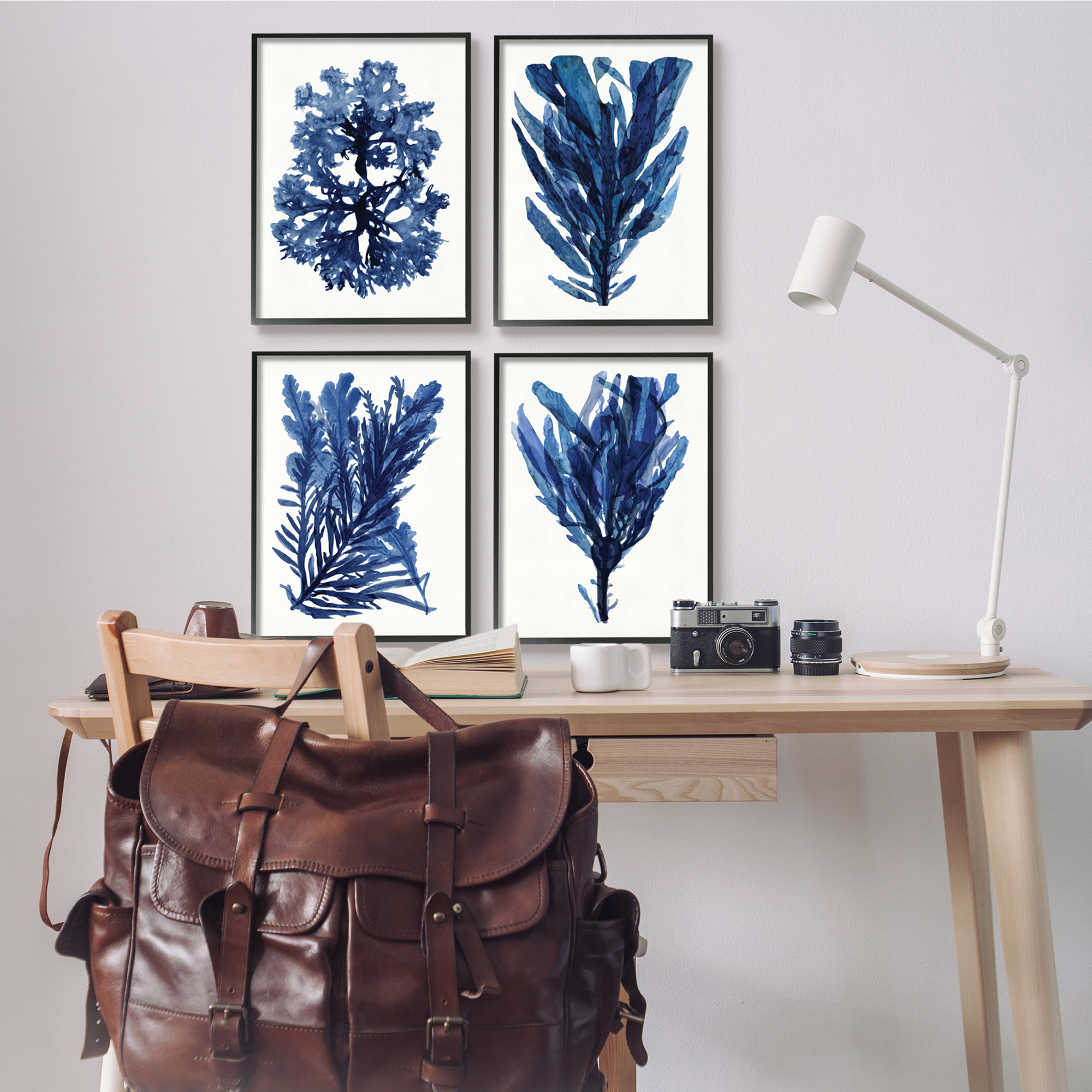 Stupell Industries Indigo Blue Ocean Plants Coastal Sea Kelp Nature Painting Black Framed Art Print Wall Art, 16 x 20, Set of 4