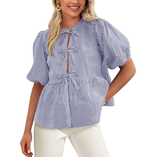 Blusa PRETTYGARDEN para mujer, camisa a rayas con lazo en la parte delantera 2025, azul marino