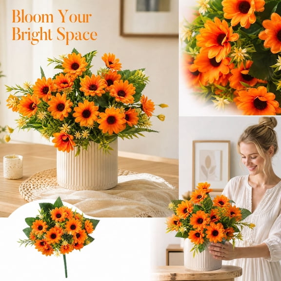 Artificial Daisy Flowers with Orange Petals, Fake Flowers for Home Decor, Fall Decoration 1 Set