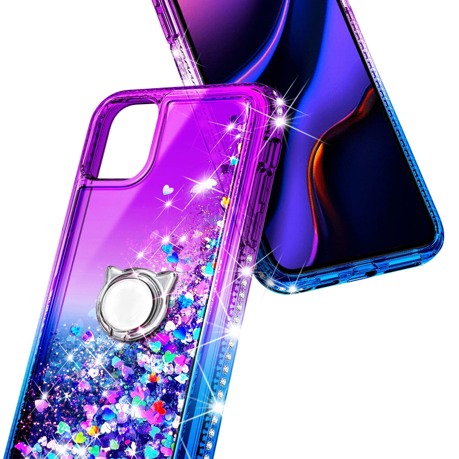 Case for iPhone 14, Moving Liquid Holographic Glitter Case with Kickstand, Women Slim Protective Case, Purple&Blue