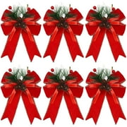 6 Pcs Christmas Bows with Pine Cones and Pine Needles, Red Buffalo Plaid Bows for Christmas Tree Decor, Red Velvet Ribbon Bows for Wreath, Indoor Outdoor Holiday Decoration