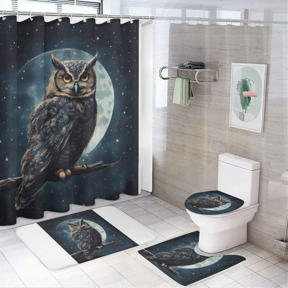Owl Starry Sky 4 Piece Shower Curtain Sets, Non-Slip Rugs, Toilet Lid Cover And Bath Mat, for Bathroom Decor Set, 72" X 72"
