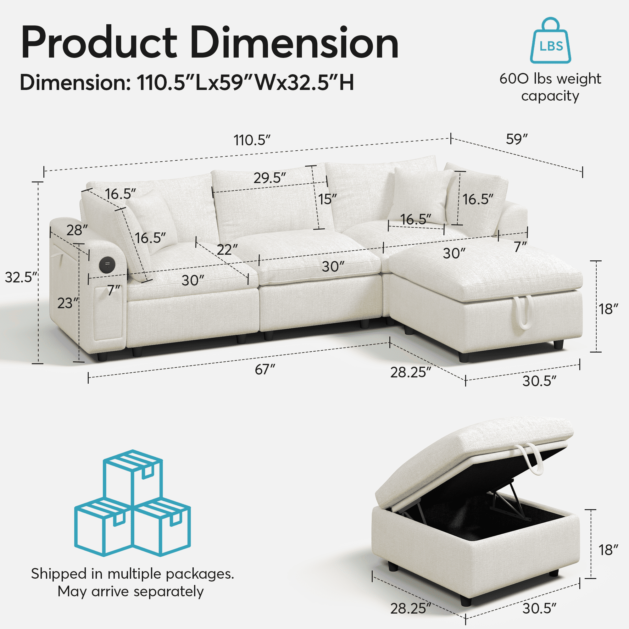BINBANK Luxurious Cloud Modular Sectional Sofa, Modern Chenille Couch L-Shaped with Storage Ottoman, USB Type-C Ports & Cup Holders for Living Room
