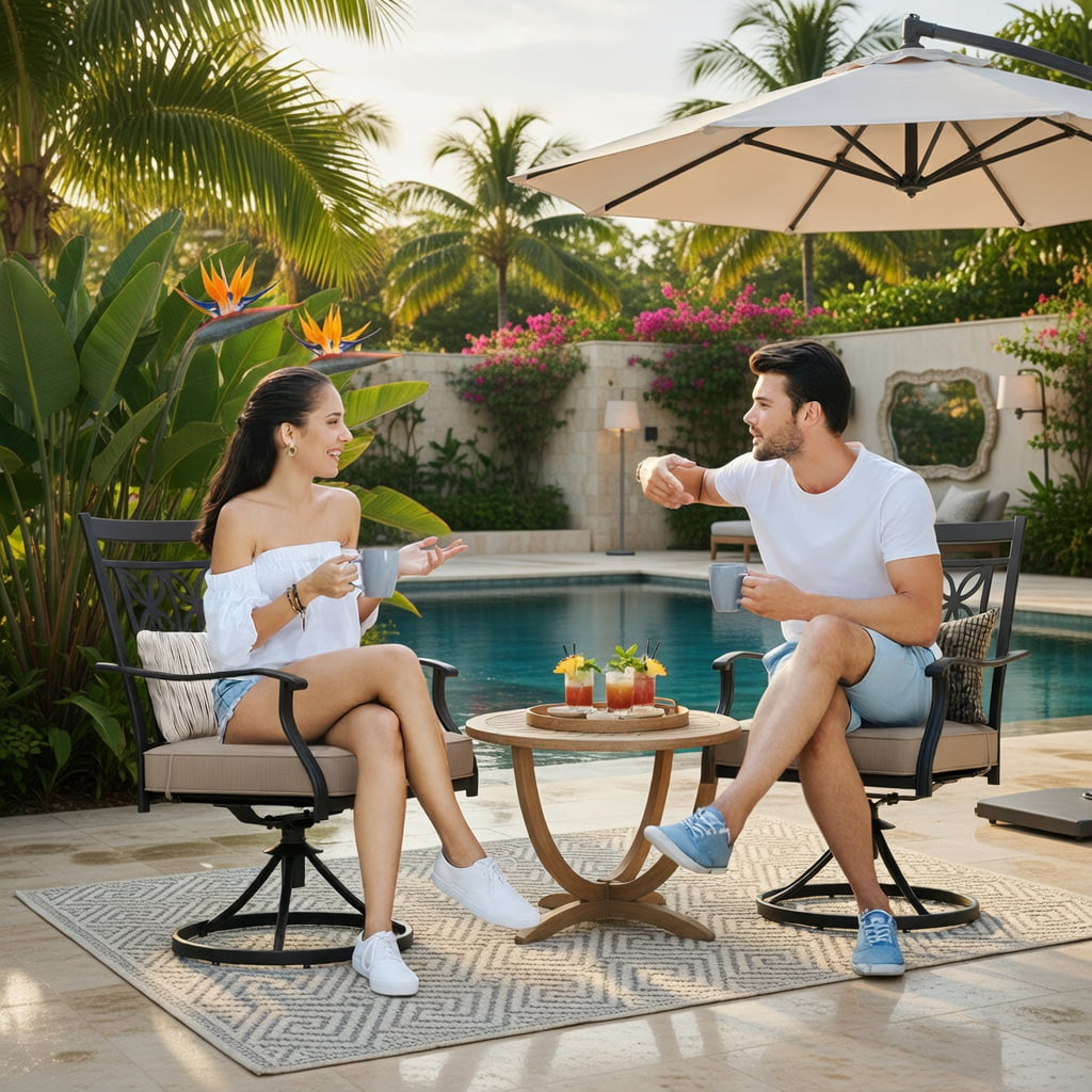 Hommoo 2-Pack Outdoor Swivel Patio Chairs with Blossom Pattern Backrest, Thick 3.5" Cushions, Heavy-Duty Metal Frame, Weather-Resistant Garden Seating, Black