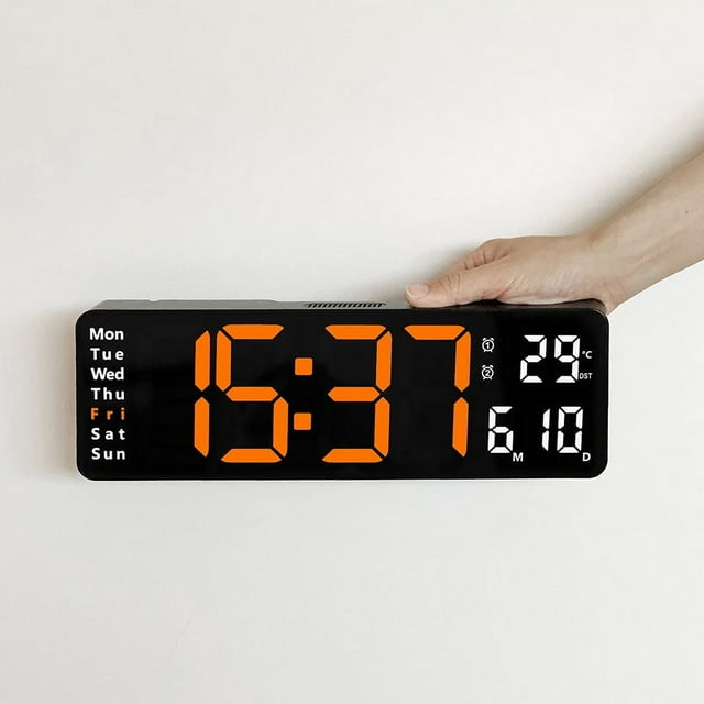 16" Large Digital Wall Clock with Remote Control, Dual Alarm with Big LED Screen Dispaly, 8 RGB Colors, Auto DST, Temperature for Living Room, Bedroom, Desk Decor, Mounted, Gift for Elderly