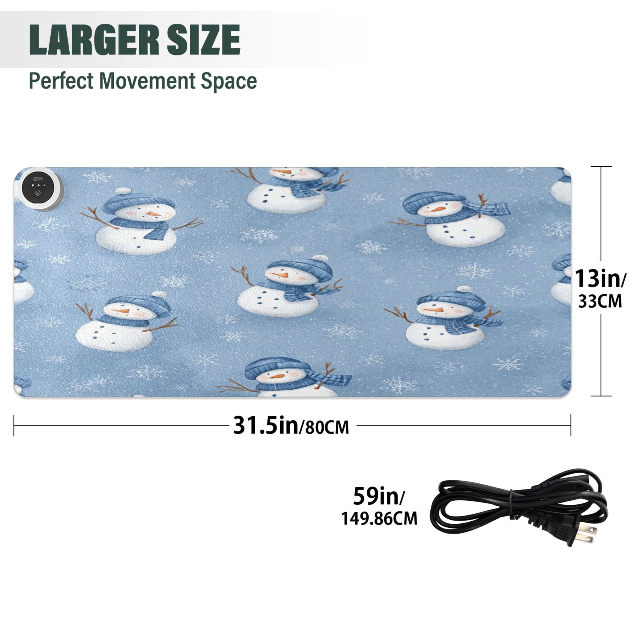 Large Heated Desk Mat Mouse Pad 31.5"x13"PU Leather Graphene Heating Desk Warmer with 3 Temperature Settings 110V US Plug Non-Slip Warm Pad for Home, Office, and Gaming Cute Branch Snowman Pattern