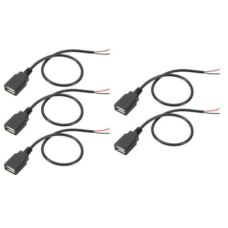 Uxcell 1Ft USB 2.0 Female to 2 Pin Bare Wire Pigtail Cable, 5pcs 22AWG Power Cords Extension, Black