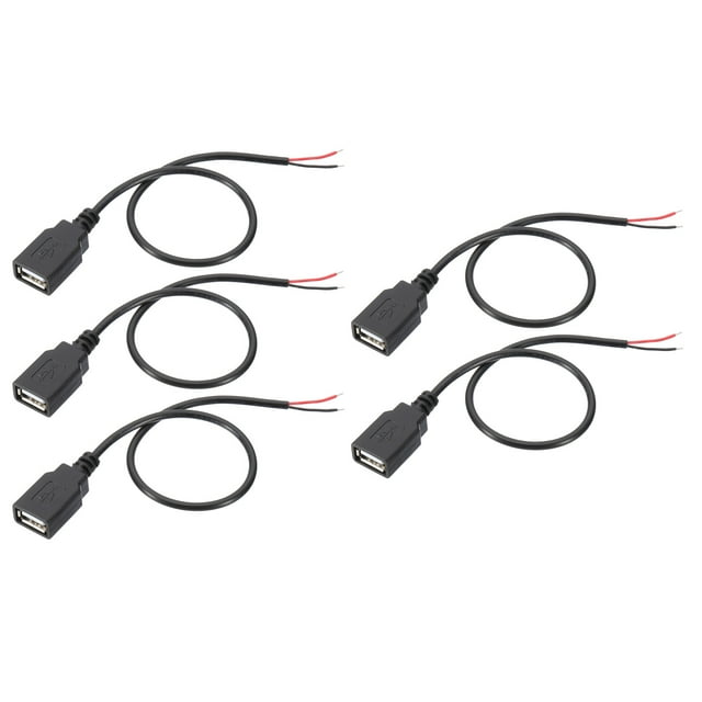 Uxcell 1Ft USB 2.0 hembra a 2 pines cable pigtail de alambre desnudo, 5 piezas de cables de alimentación de extensión 22AWG, negro