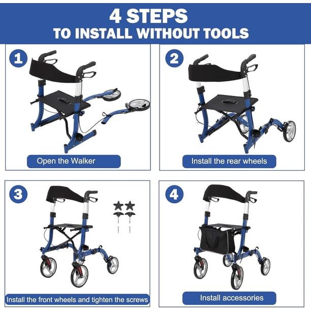Historyli Andador 2 en 1 para personas mayores: plegable de aluminio con reposabrazos, reposapiés, asiento, respaldo y frenos, todoterreno, plateado