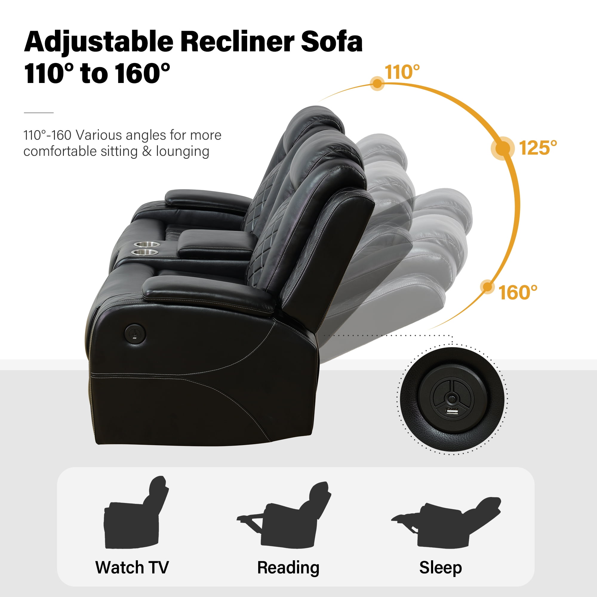 Aukfa 2-Seater Power Recliner Sofa with Cup Holders, USB Charging & Hidden Storage, Modern Electric Loveseat for Living Room Home Theater,Black