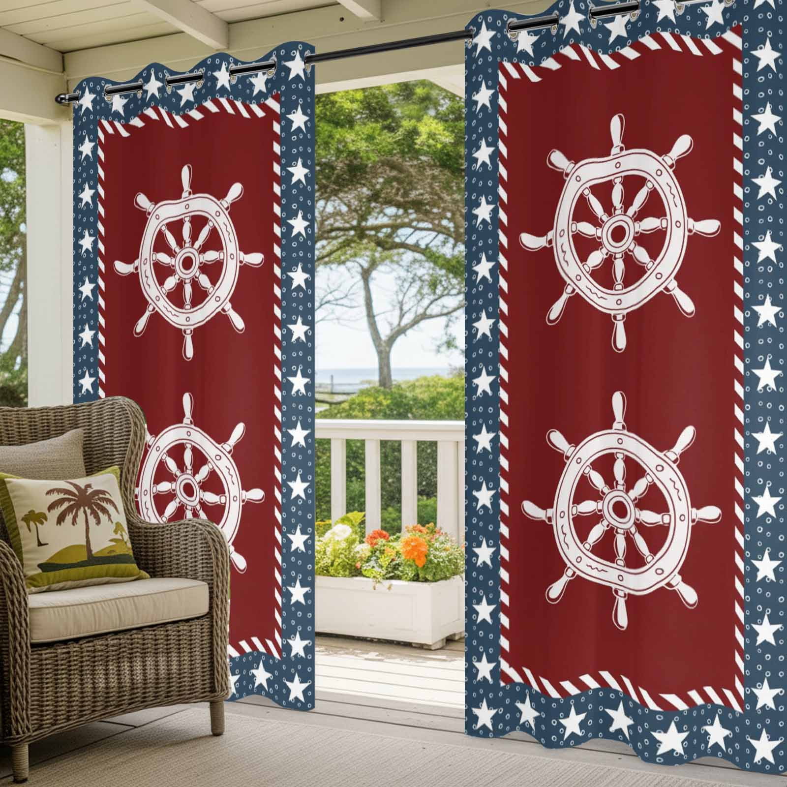 Independence Day Outdoor Curtains for Patio, U.S. Flag Ocean Coastal Rudder Pentagon Star Navy Blue Sunshade Privacy Drapes Grommet Waterproof Outside Curtains for Porch Balcony 54"x108", 1 Panel