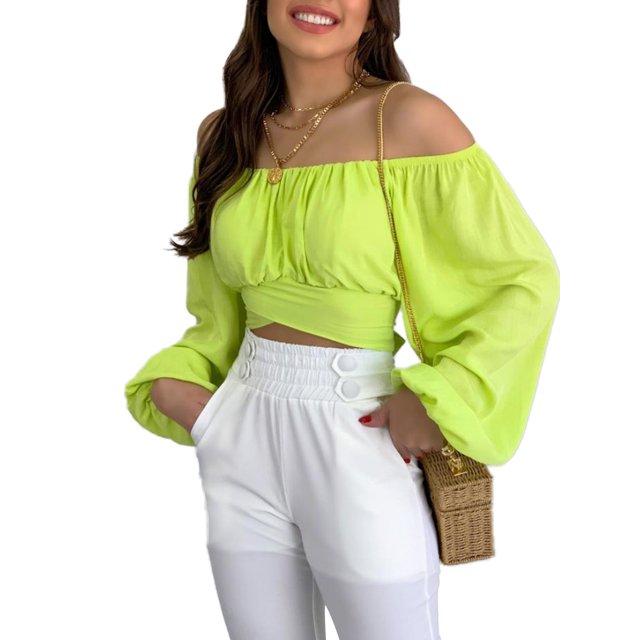 VISgogo Blusas cortas con hombros descubiertos para mujer, manga larga, color sólido, con nudo en la espalda, camisetas fruncidas VISgogo moda