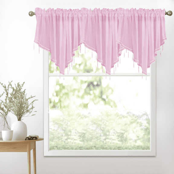 Dezytech Sheer Beaded Valance Curtain for Bedroom, 51" x 24" Rod Pocket Short Curtain Panel - Country Scalloped Window Treatment for Farmhouse, Kitchen, Bathroom, Cafe