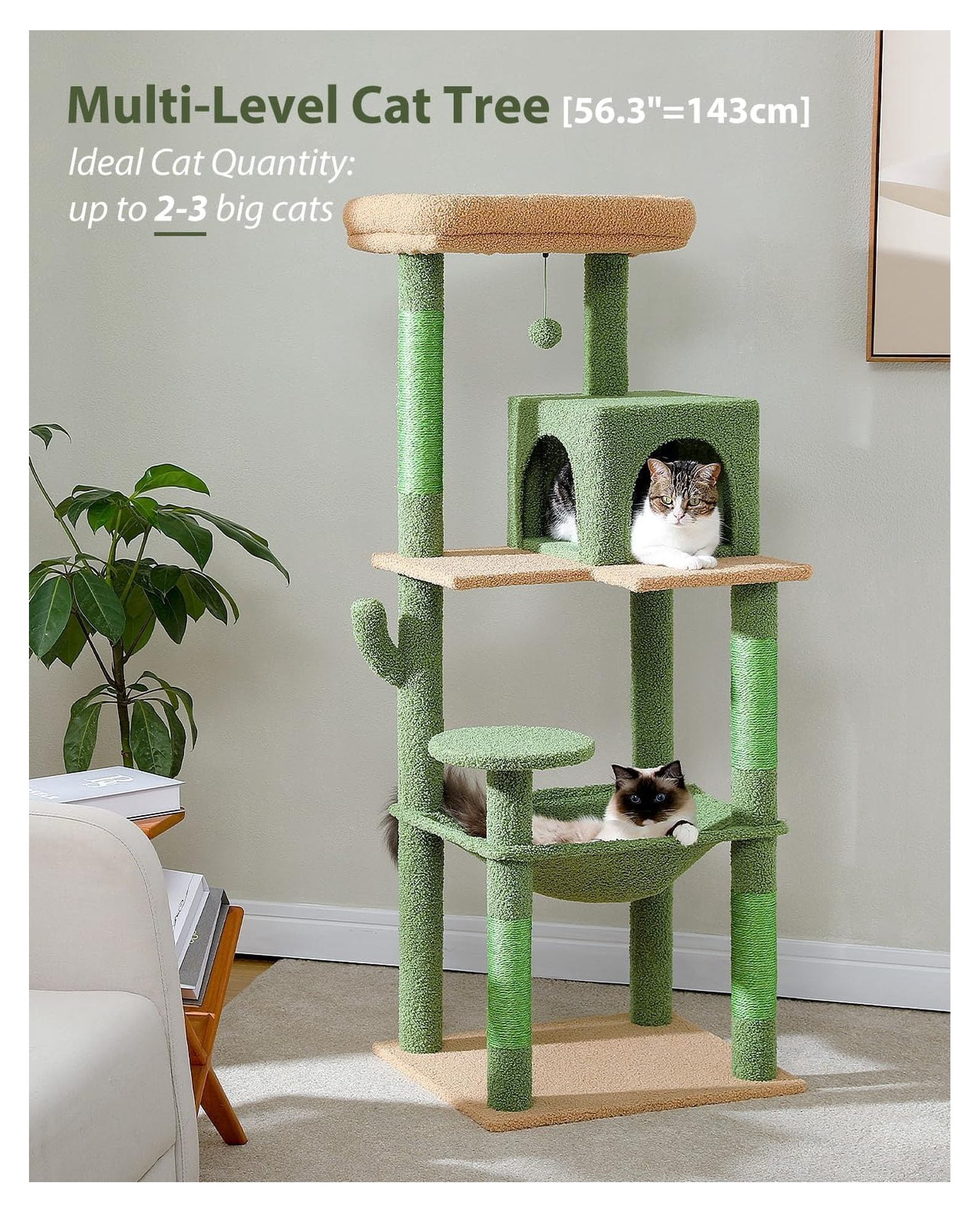 Cactus Cat Tree for Large Cats, 56.3" Cat Tower with Hammock