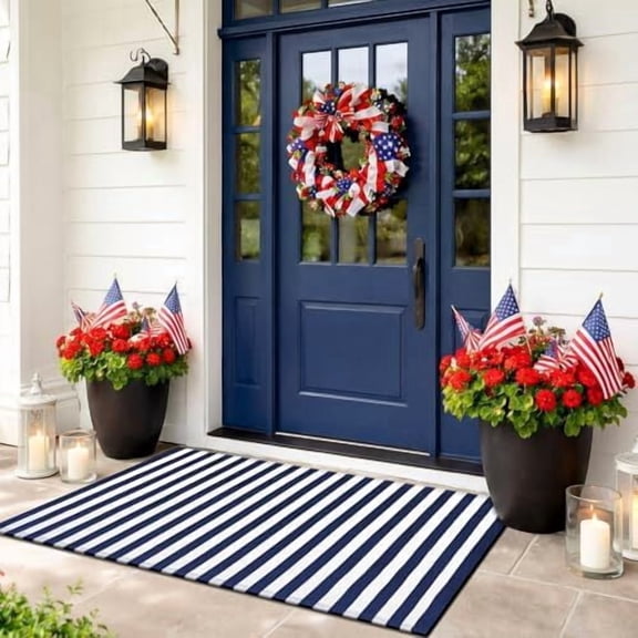 Voguly Blue White Striped Outdoor Rug 28'' x 43'', Memorial Day Patriotic Door Mat, Welcome Front Porch Entryway, Rustic Washable Farmhouse Layering Carpet