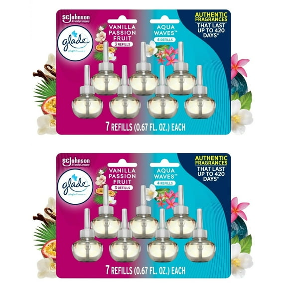 Glade PlugIns Air Freshener Refills, Vanilla Passion Fruit & Aqua Waves, Infused with Essential Oils, 0.67 oz, 14 Count