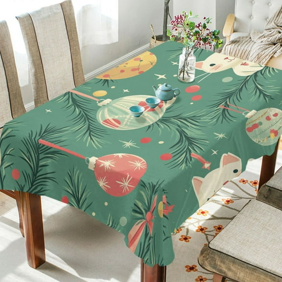 WOBOGO Cute Illustration Of Christmas Cat Ornaments Square Tablecloth 54×54in Polyester Fabric Tablecloth Washable Dust Resistant Wrinkle Resistant