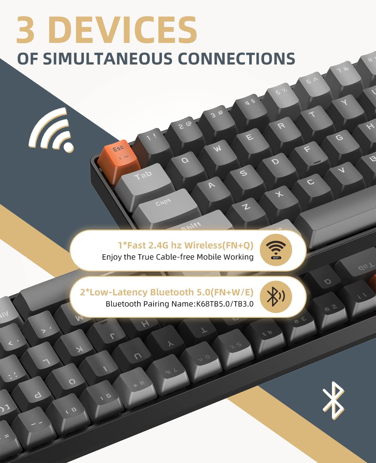 Magic-Refiner K68 Hot Swappable Bluetooth Gaming Keyboard, Deep Gray