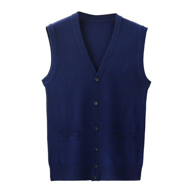 Men's Sweater Vest for Autumn and Winter – V Neck Pure Color Wool Collarless Knit Vest with Buckle Detail Non Hooded Basic Sleeveless Layering Top for Men