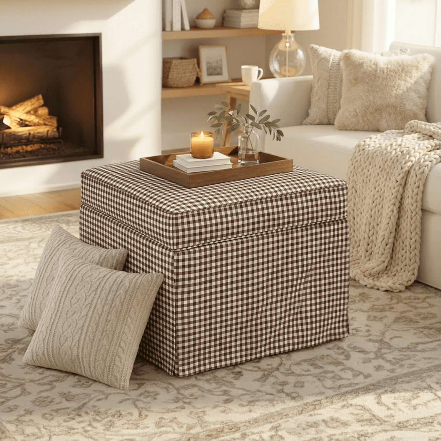 My Texas House Alamo Large Skirted Ottoman, Gingham Fabric