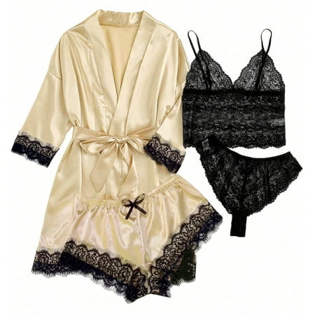 Levmjia Women s Short Sleeve Pajama Sets Nightshirts 4-Piece Women Sexy Garter Lingerie Set Robes Lace Bodysuit Deep-V Neck Underwear