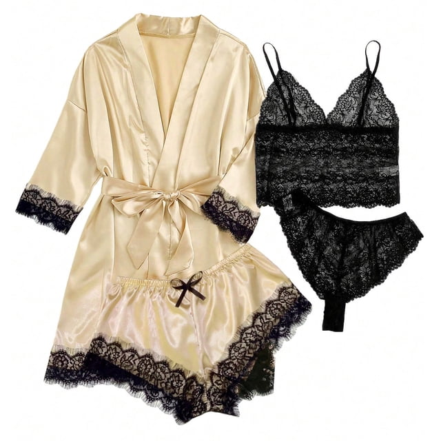 LSLJS Ensemble de Lingerie Jarretière Aguichant pour Femmes 4 Pcs Peignoirs Justaucorps en Dentelle sous-Vêtements à Col en V Profond