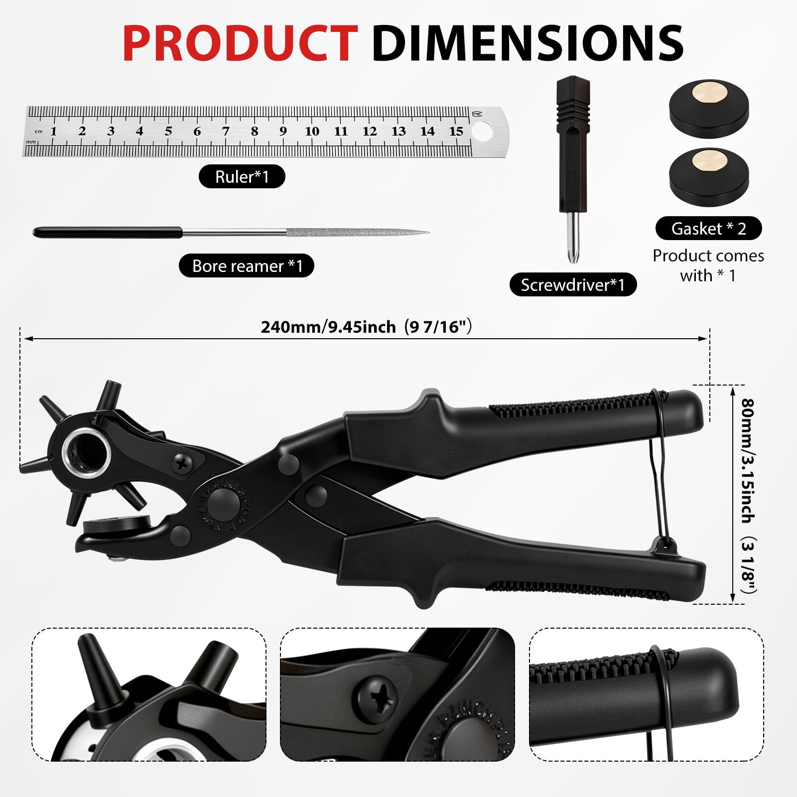 Leather Hole Punch Set Punch Pliers with PVC Handle and Effort Saving Design Ideal for Belt Plastic Rubber Canvas DIY Leather Work,Black