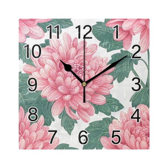 Ryvnso Pink Chrysanthemum Flower Wall Clock Square Silent Non-Ticking Battery Operated 7.78"