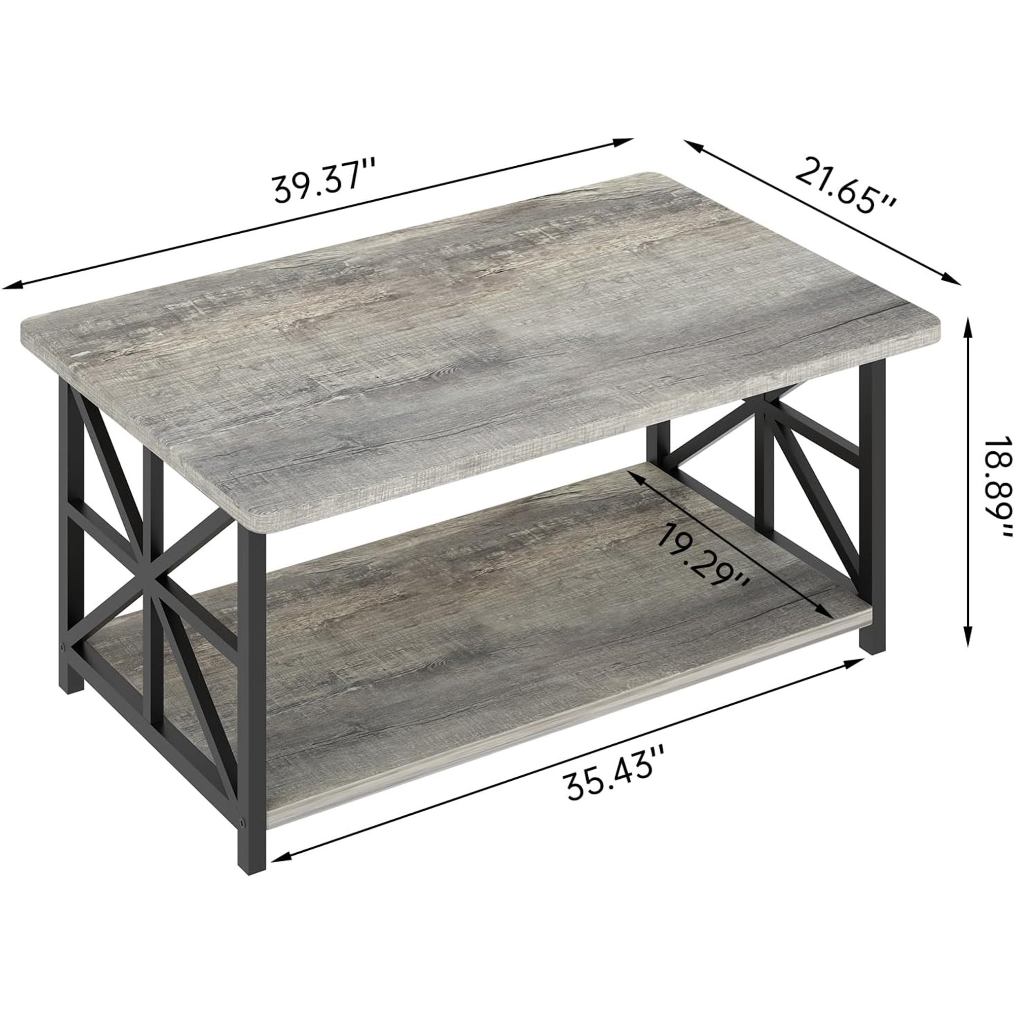 Lamerge Coffee Table with Round Corners, 2 Tier Coffee Table with Storage Shelf, Rectangular Center Table for Living Room Modern Style, Marble Tea Table 39.37 × 21.65 Inches, Easy to Assemble, Grey