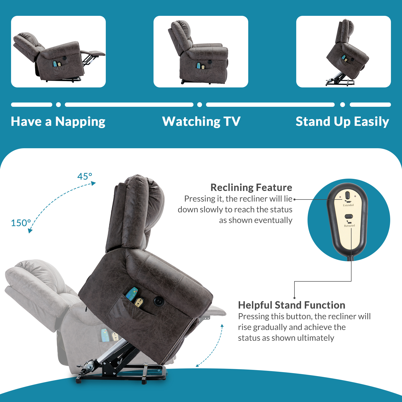OUINCH Electric Power Lift Recliner Chair with Massage and Heat for Elderly, 2 Remote Controls, 2 Side Pockets, and USB Ports (Grey)