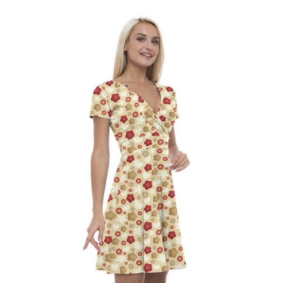 Women’s A Line Beige Summer Dress, Retro Triangle Arrangement, Cross Wrap V Neck, 6 Sizes, by Ambesonne