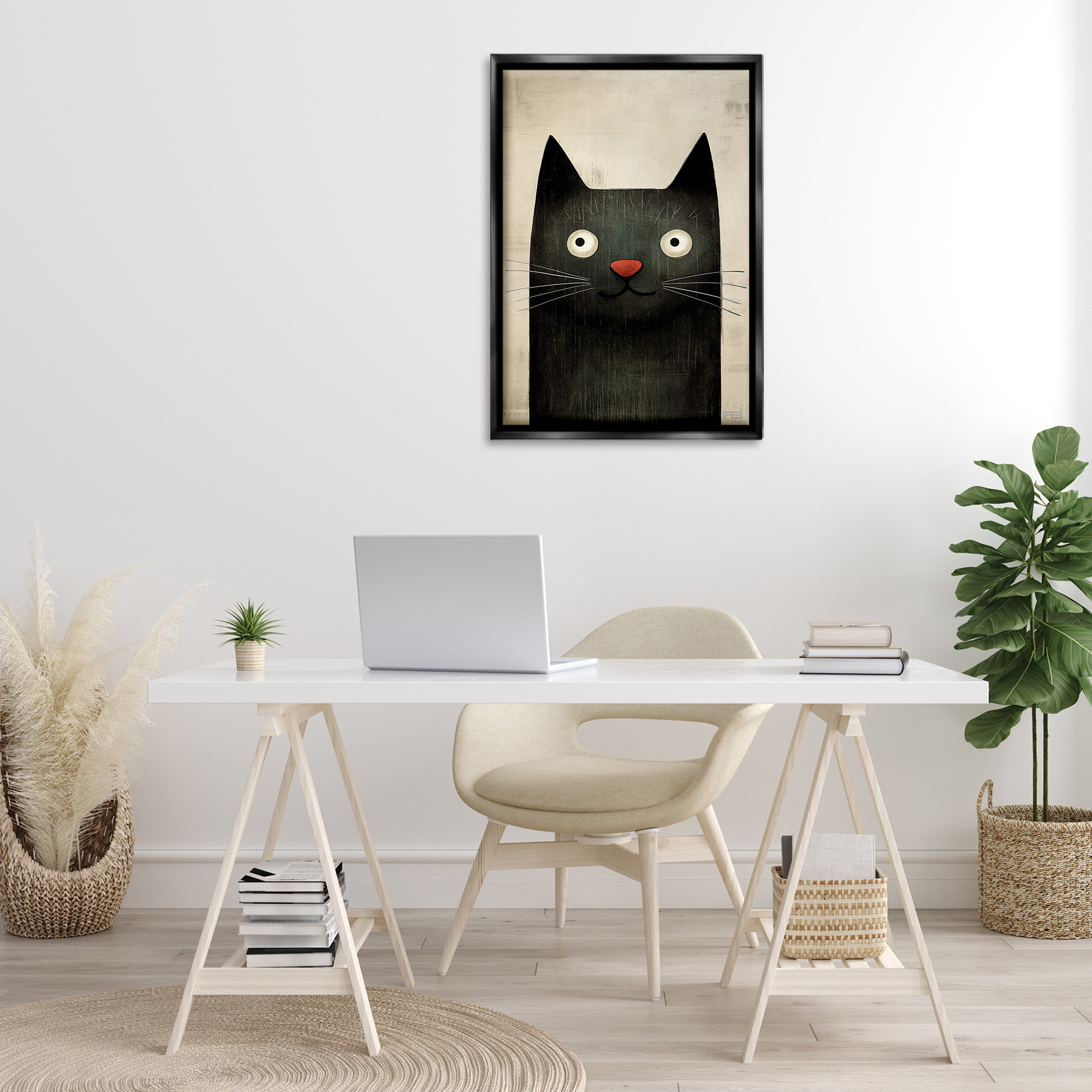 Stupell Industries Smiling Black Cat Animals & Insects Painting Black Floater Framed Canvas Art Print Wall Art, 21 x 31