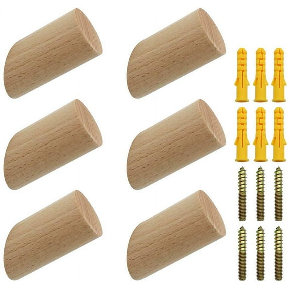 Set Of 6 Beech Wood Wall Hooks 3X6 Cylinder Wall Coat Hook Decorative Hook For Coat Hat Scarf Bag Towel - Maximum Load 15Kg