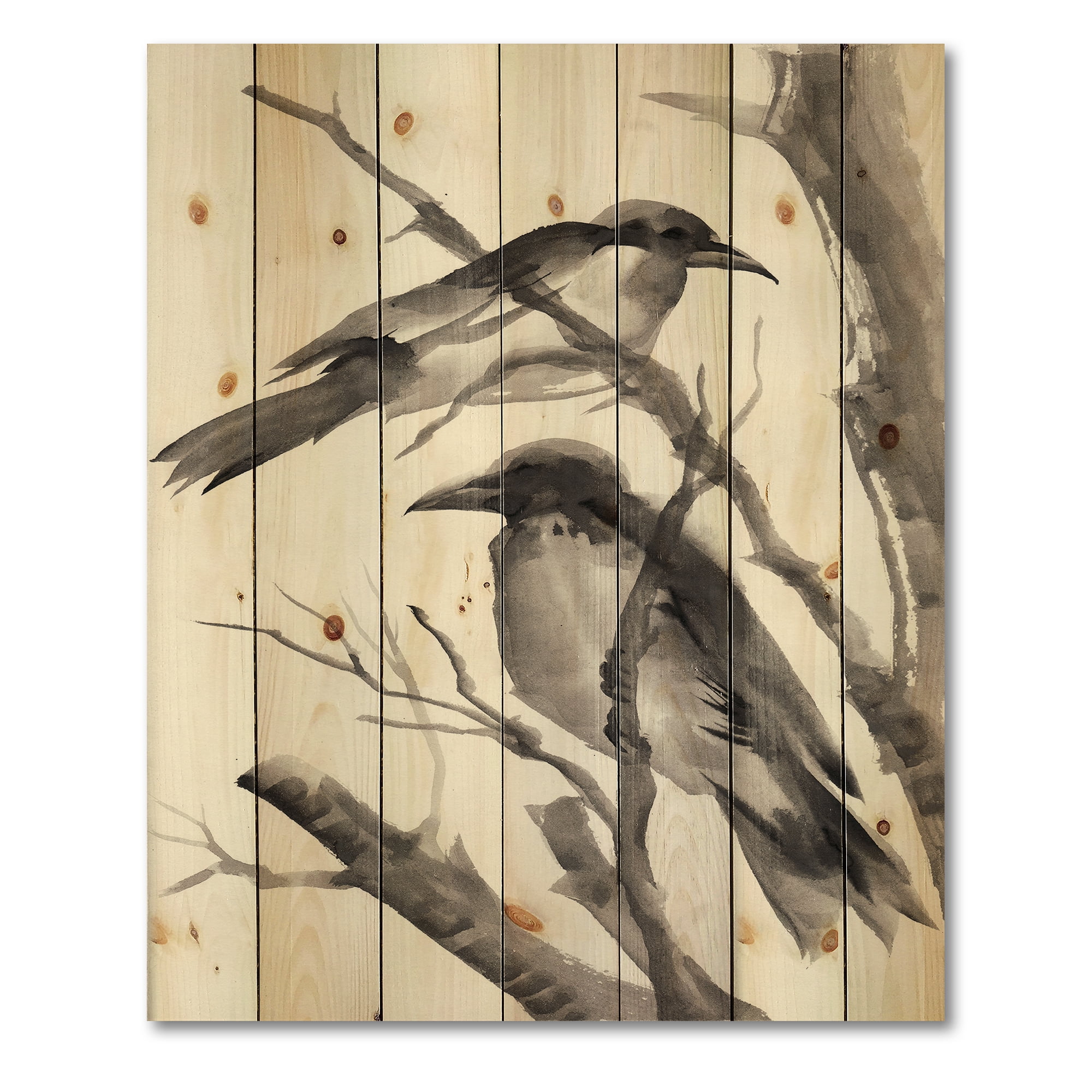 Designart 'Vintage Black and White Sleeping Crows' Traditional Print on Natural Pine Wood