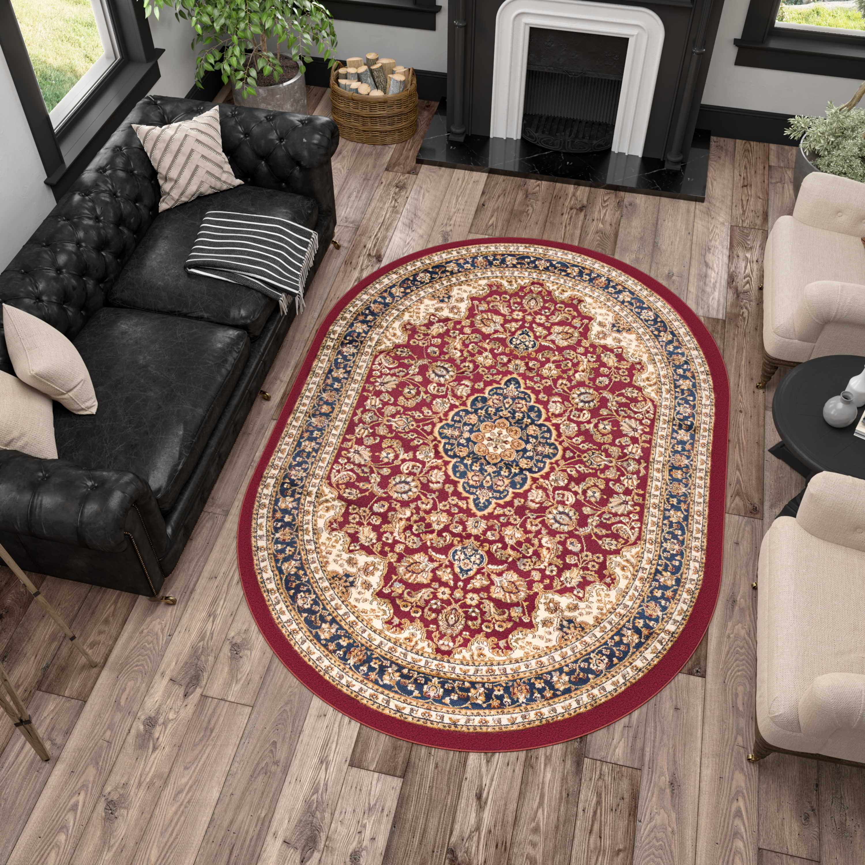 Sensation Transitional 5' x 7' Oval Red and Beige Polypropylene Indoor Area Rug
