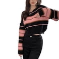 thumbnail image 1 of Slatcetga, suéter corto para mujer, patrón de rayas, cuello redondo, manga larga, Top de punto informal para otoño, rosa, talla libre, 1 of 8
