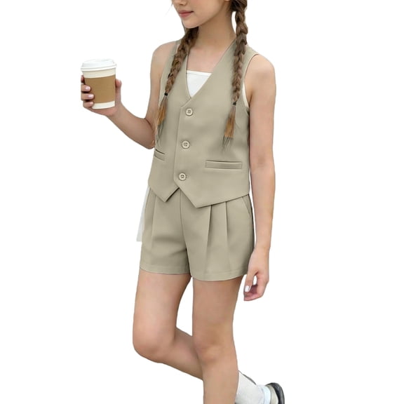 WRKEKC Girls 2 Piece Outfits Solid Sleeveless Single Breasted Vest Top Shorts Suit Casual V-Neck Set 1-13 Years