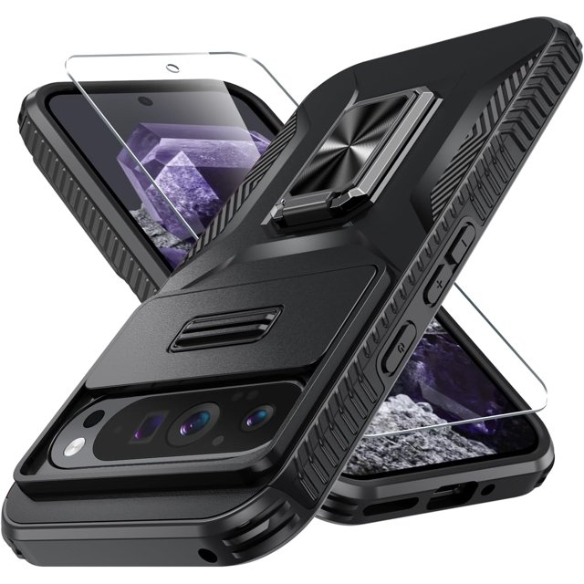 KOMI for Google Pixel 9/9 Pro Case with Tempered Glass Screen Protector and Camera Lens Cover,Rotated Ring Stable Kickstand,Heavy Duty Shockproof Protective Phone Cover-Black